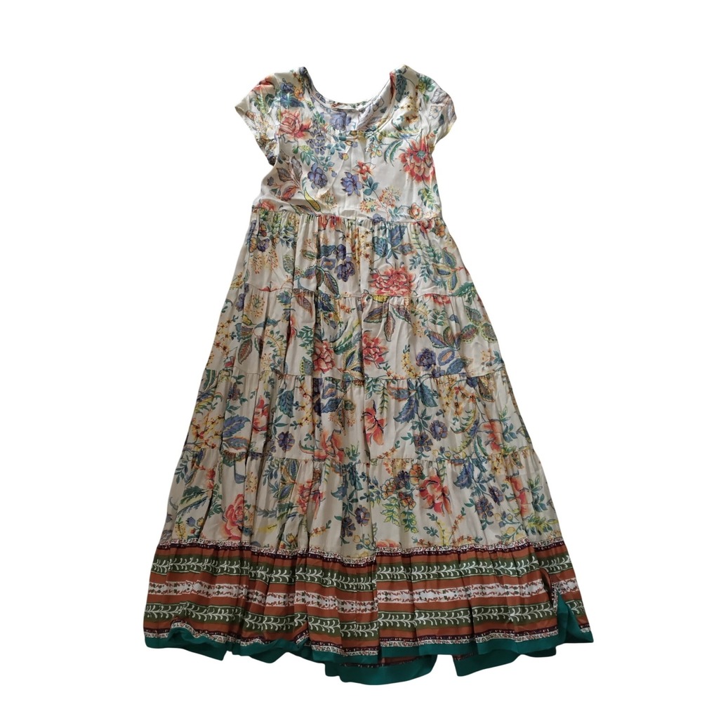 Soft Surroundings Floral Tiered Maxi Dress Cap Sleeve Viscose Boho 2FN98 Medium